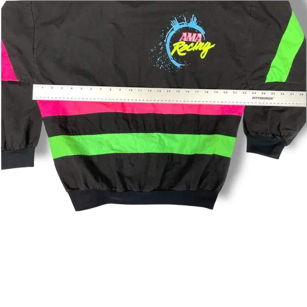 Vintage Men's Black retro AMA racing windbreaker with Pink Green neon Stripes